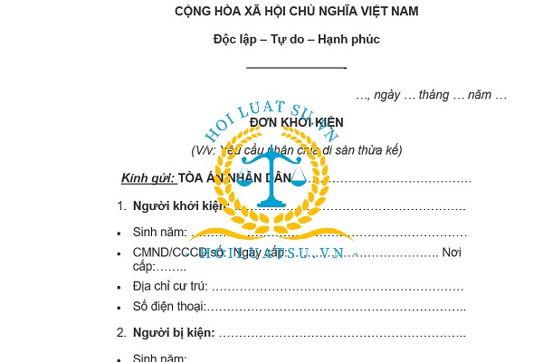 mẫu đơn khởi kiện chia di sản thừa kế