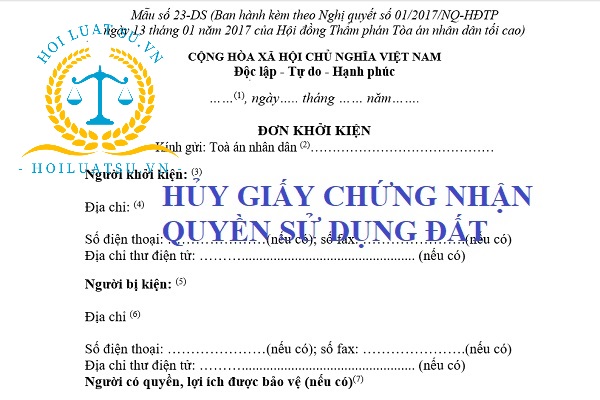 Mẫu đơn khởi kiện hủy giấy chứng nhận quyền sử dụng đất