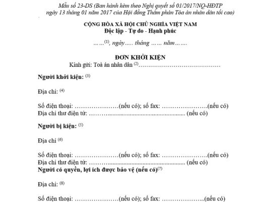 mẫu đơn khởi kiện vụ án dân sự