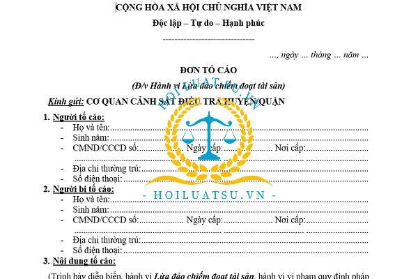Mẫu đơn tố cáo hành vi lừa đảo chiếm đoạt tài sản