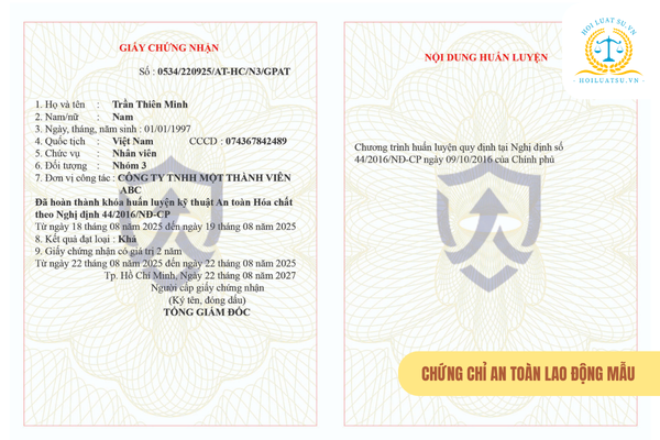 Chứng chỉ an toàn lao động mẫu